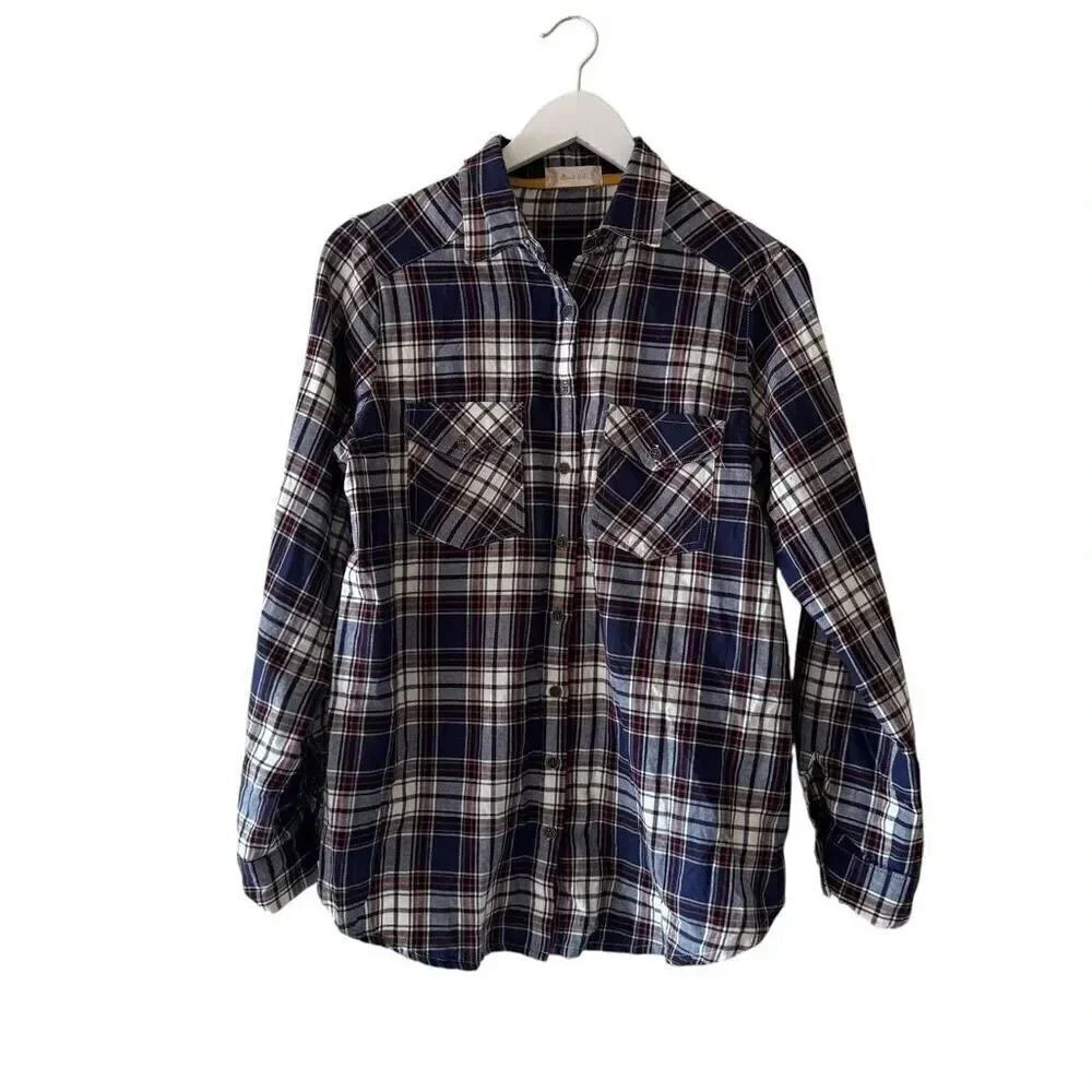 Altar’d State Shirt Button Front Blue Plaid Flannel Mixed Media Lace SZ L #2315